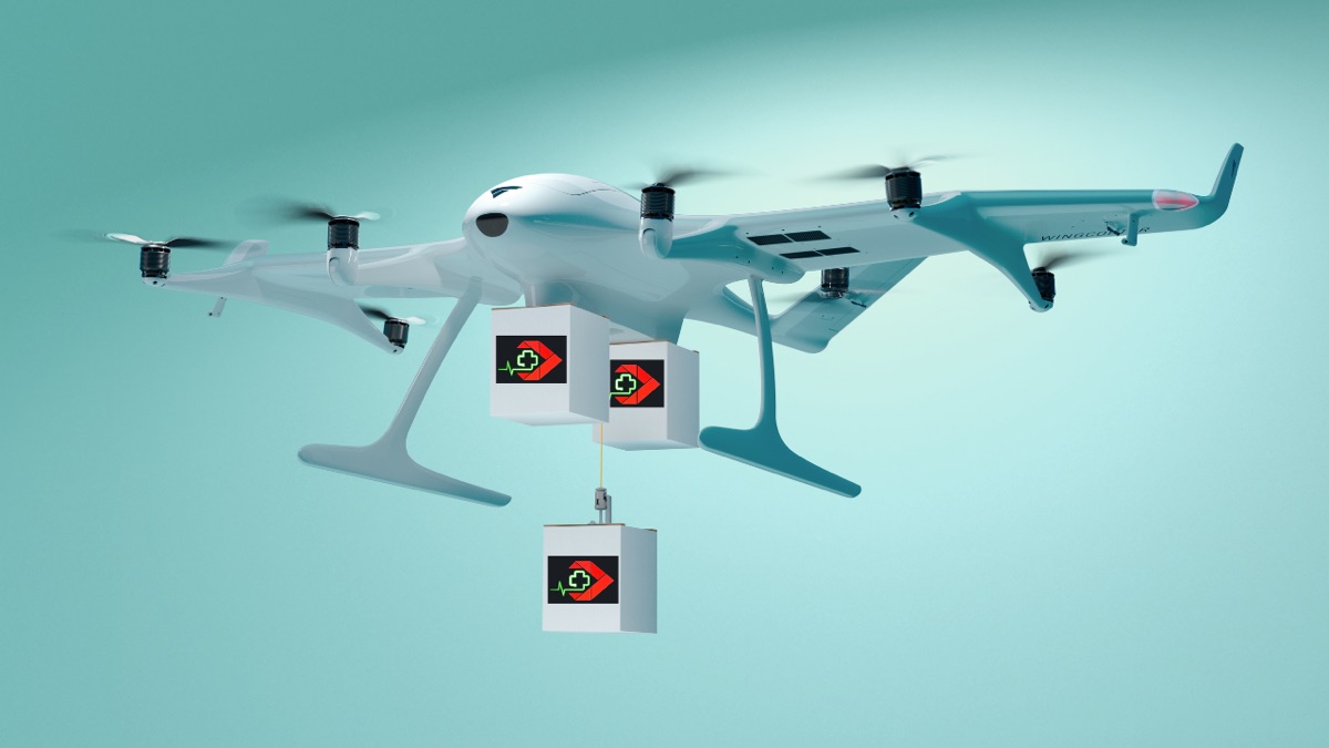 Wingcopter 198 carrying Niubalus delivery boxes (illustration)